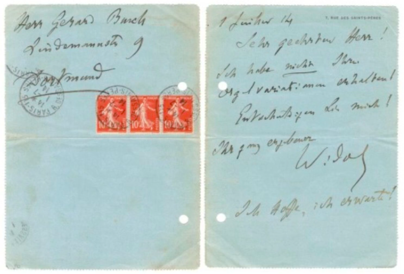Charles-Marie Widor an Gerard Bunk, 1. Juli 1914 (in Besitz von Hans Uwe Hielscher, Wiesbaden)